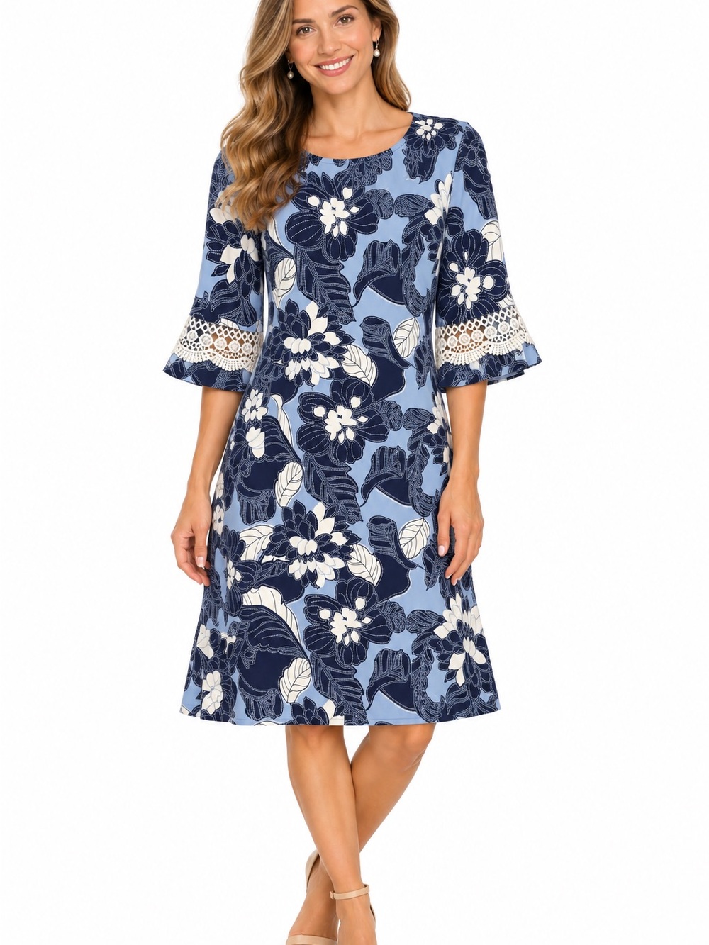 Glamour Blue Floral Crochet-Trim Midi Dress